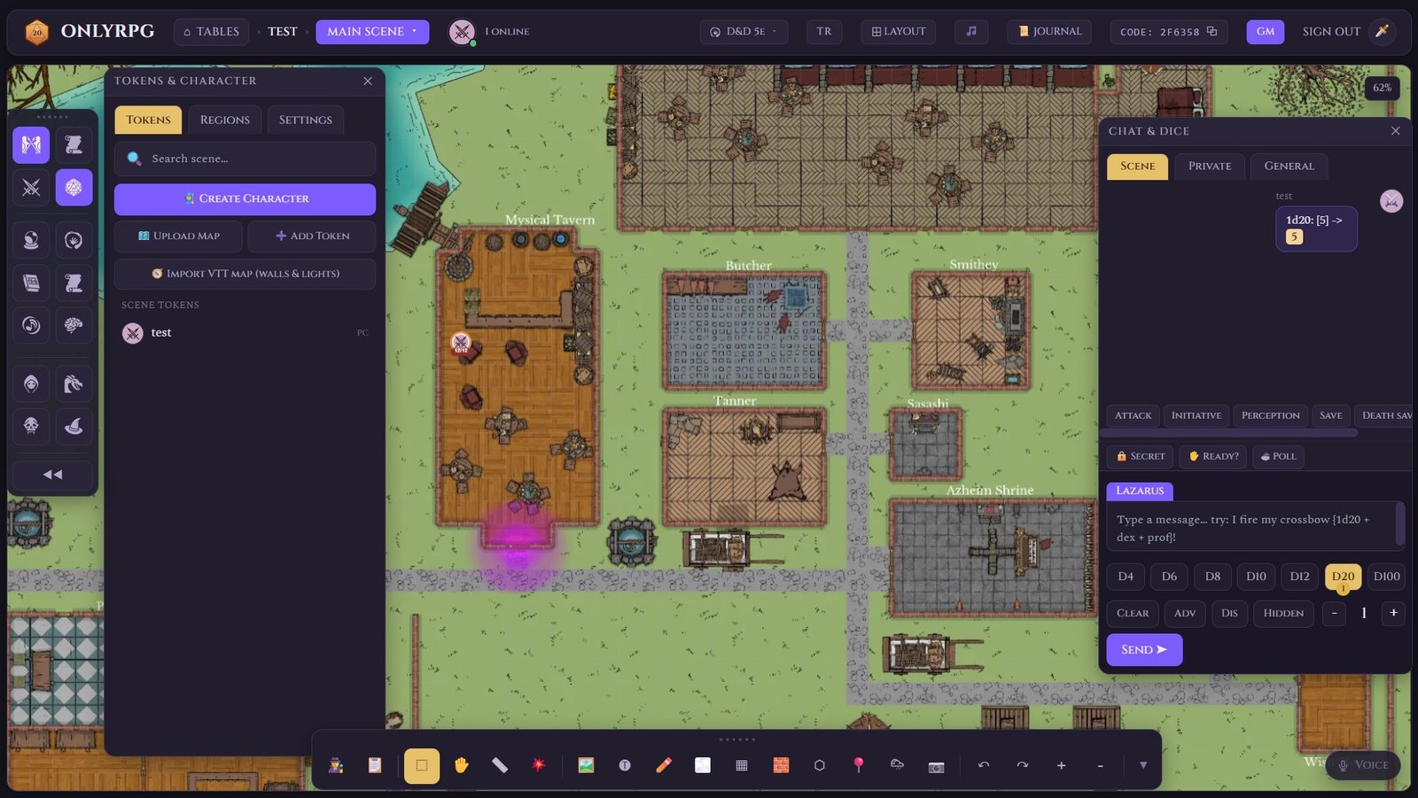 Chat & Dice panel with roll shortcuts, dice bar and macros next to the token manager